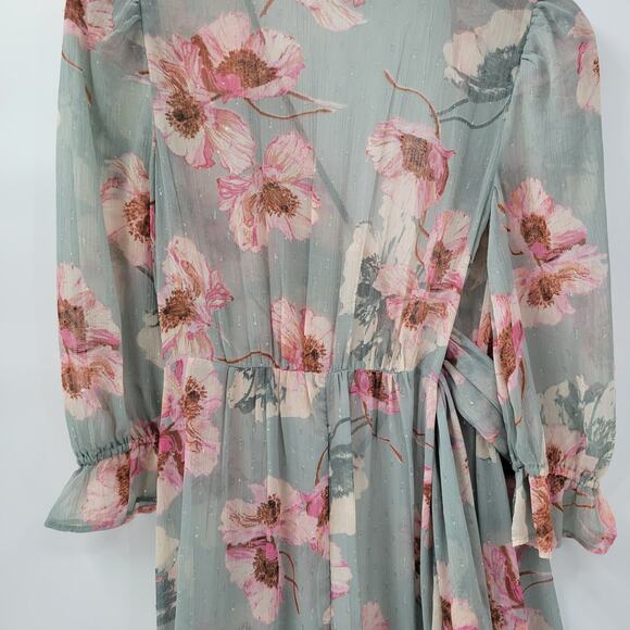 Express Wrap Dress Womens S/M Green Floral Watercolor Sheer Tiered Long Maxi - Picture 12 of 16